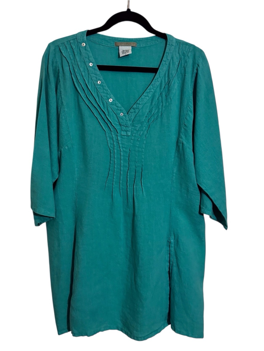 Isabella Bird Large Green Linen Tunic Top Artsy Lagenlook Coastal Long Sleeve